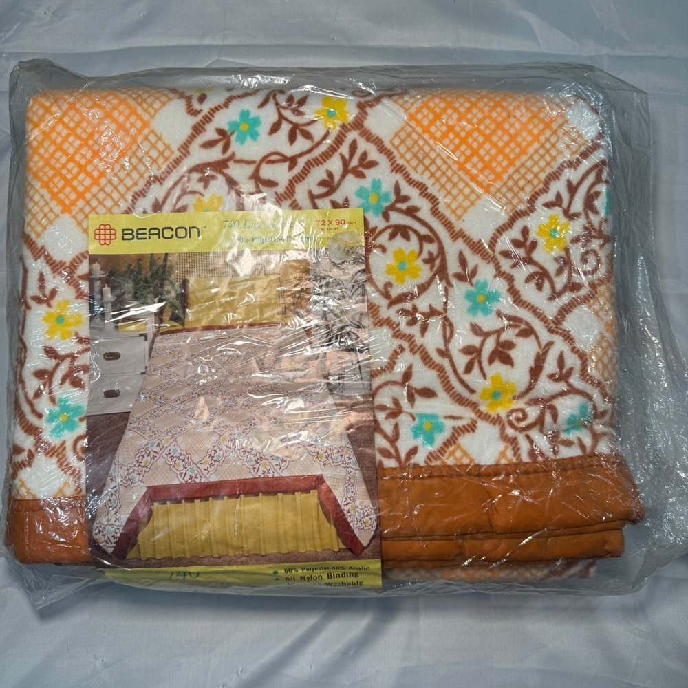 Vintage Beacon Lace Garden Blanket 740 Orange Floral Twin Full 72x90 New NOS